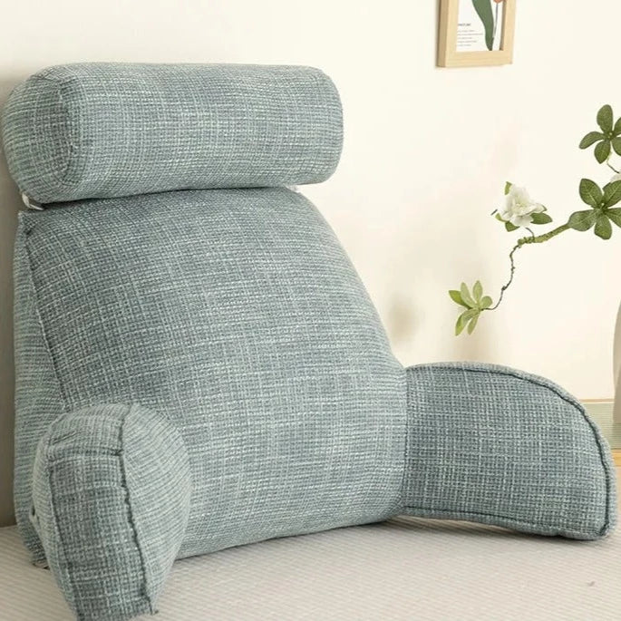 Versatile backrest pillow with arms & adjustable headrest, designed for superior home comfort and support.