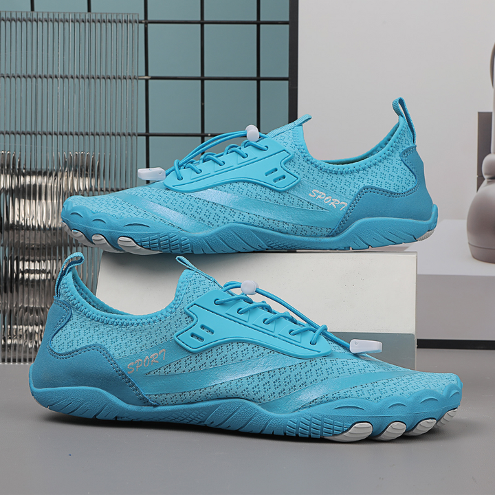 Top-down view of unisex barefoot comfort shoes, highlighting the wide toe box & flexible design for natural foot splay.