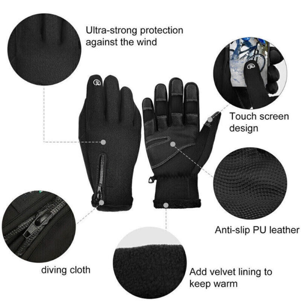 Electric heated black winter gloves, unisex and thermal. Waterproof for outdoor adventures in snow & freezing temps.