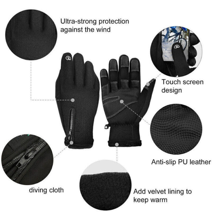 Electric heated black winter gloves, unisex and thermal. Waterproof for outdoor adventures in snow & freezing temps.