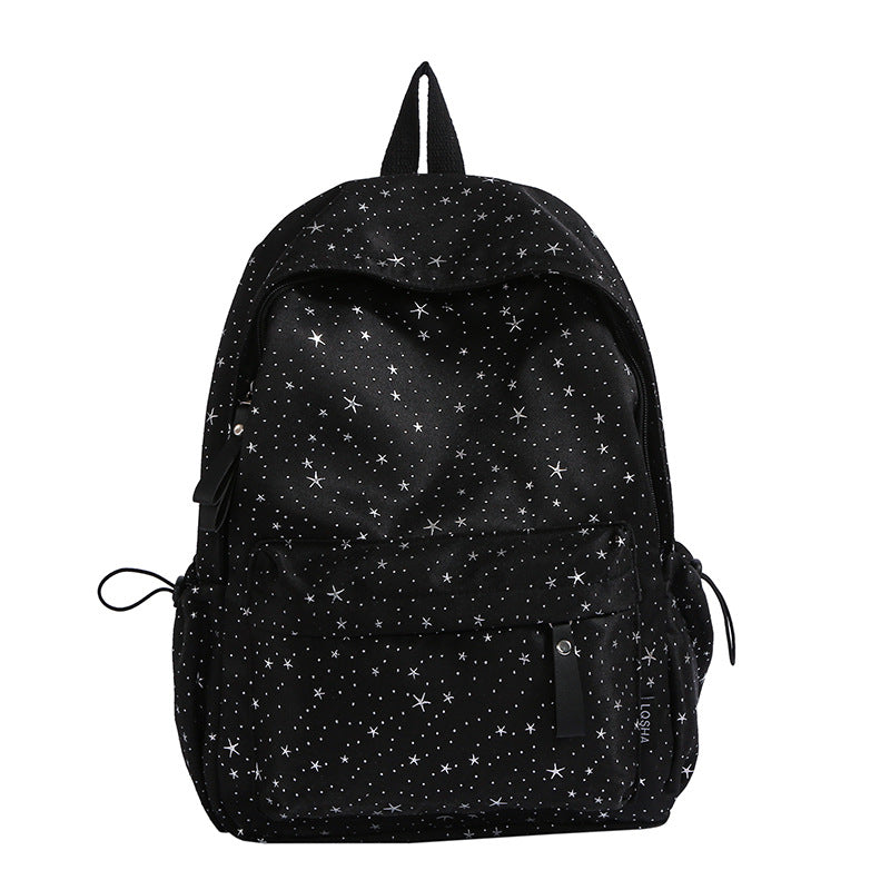 Unisex black & white star print school backpack. Durable student bag for daily use, perfect for books & essentials.
