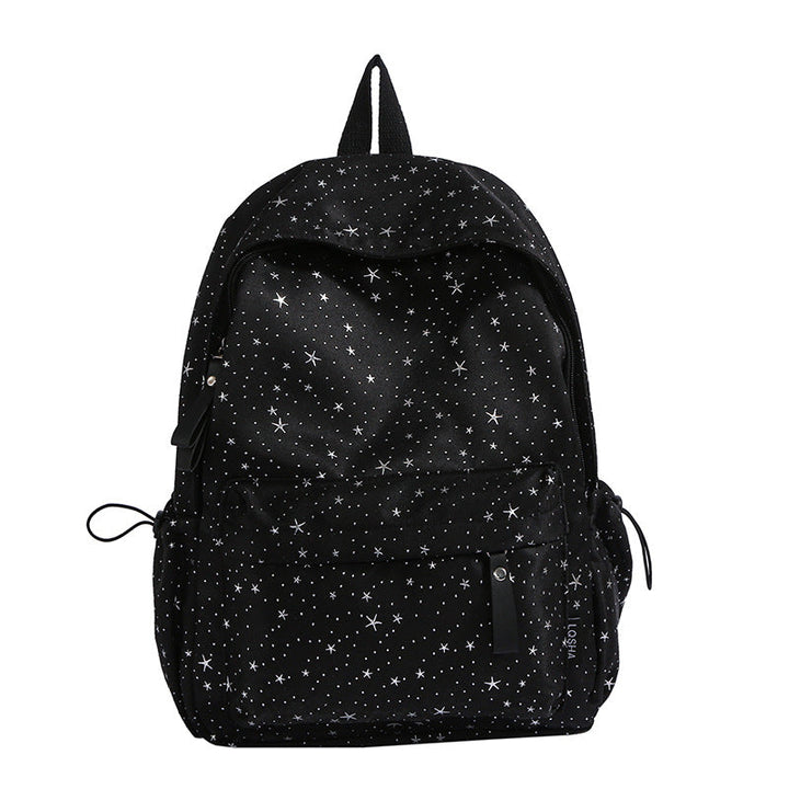 Unisex black & white star print school backpack. Durable student bag for daily use, perfect for books & essentials.