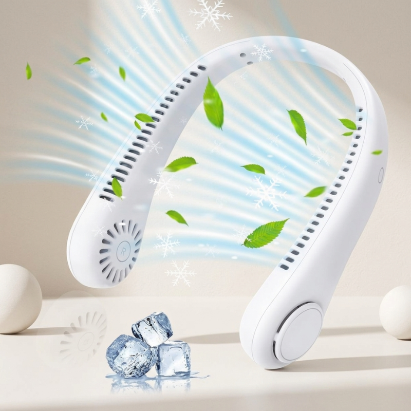 Unisex bladeless neck fan, rechargeable & portable for hands-free personal cooling during summer outdoor activities.