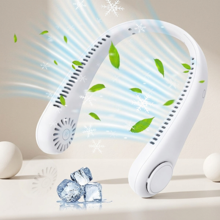 Unisex bladeless neck fan, rechargeable & portable for hands-free personal cooling during summer outdoor activities.