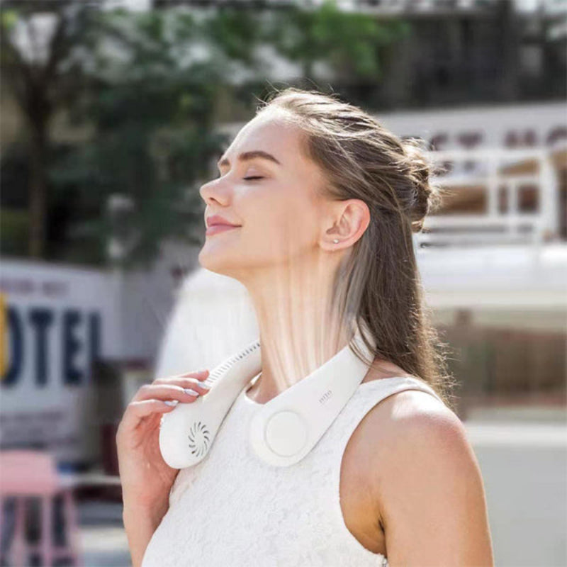 Rechargeable bladeless neck fan for sports, travel, and outdoor use. Enjoy portable, hands-free personal cooling.