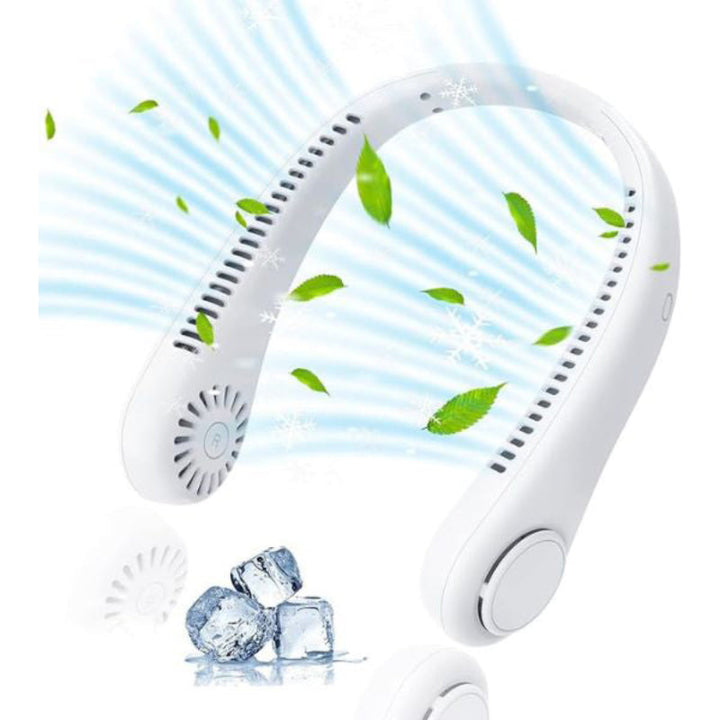 Sleek unisex bladeless neck fan provides quiet, portable, hands-free cooling. Essential for travel, gym, or summer.