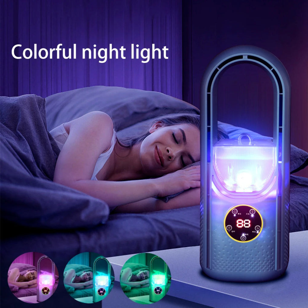 Unisex bladeless portable air conditioner with LED display, USB-powered for quiet, compact personal cooling.