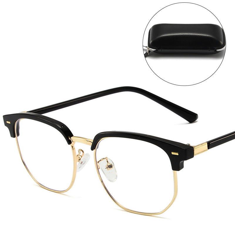 Unisex blue light blocking half-rim glasses, perfect for digital eye strain & stylish eye protection.