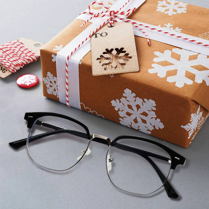 Sleek half-rim blue light blocking glasses, essential for reducing digital eye strain & glare.