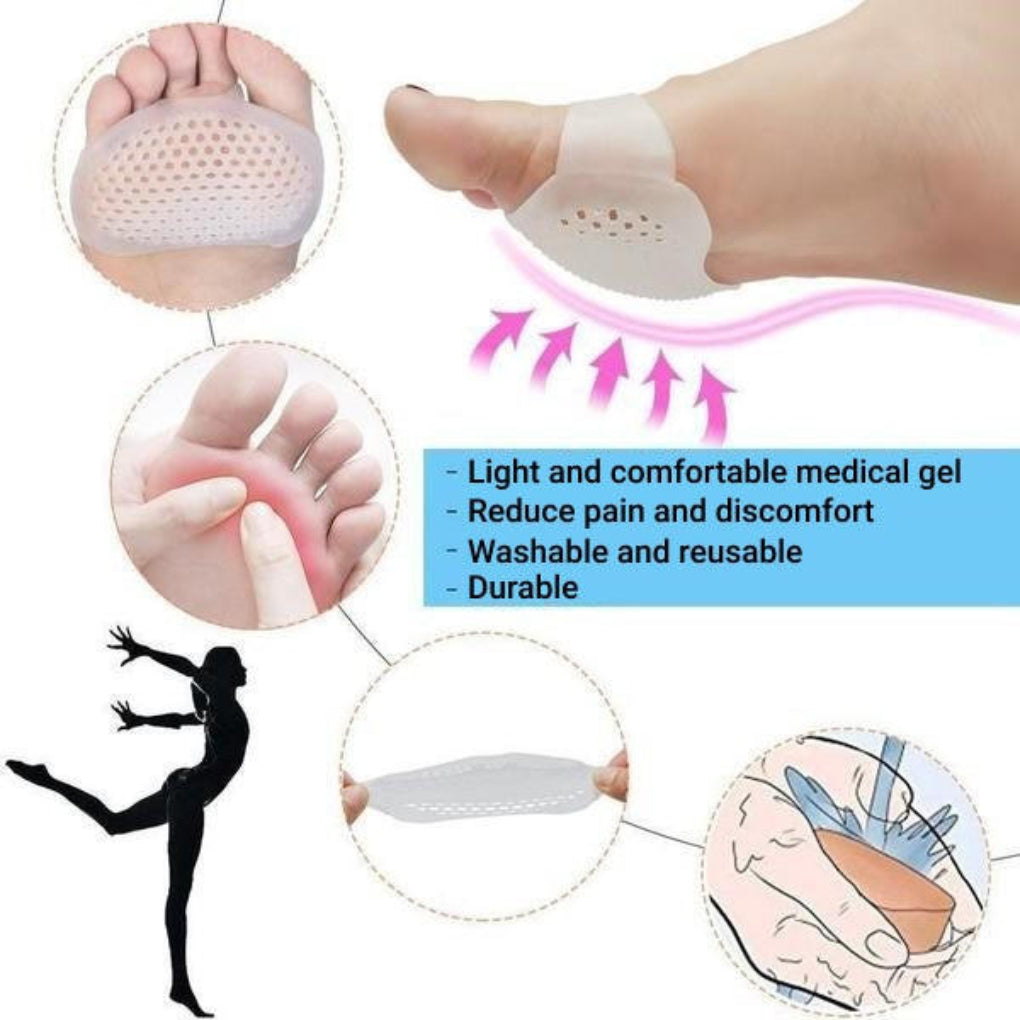 Washable unisex gel metatarsal pads for shoe inserts, providing pain relief & breathable forefoot support.