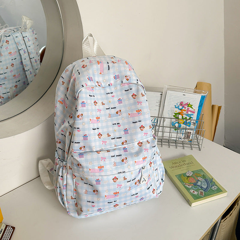 Unisex brown backpack with playful cat animal print, a cute and casual school bag for everyday carry.