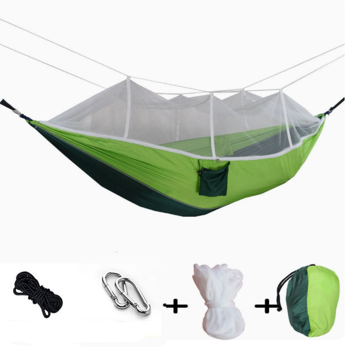 Unisex camping hammock with integrated mosquito net and waterproof rain tarp, perfect for outdoor adventures.