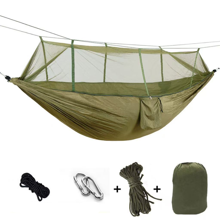 Versatile outdoor hammock with mosquito net and rain tarp provides shelter & comfort for camping, hiking, and travel.