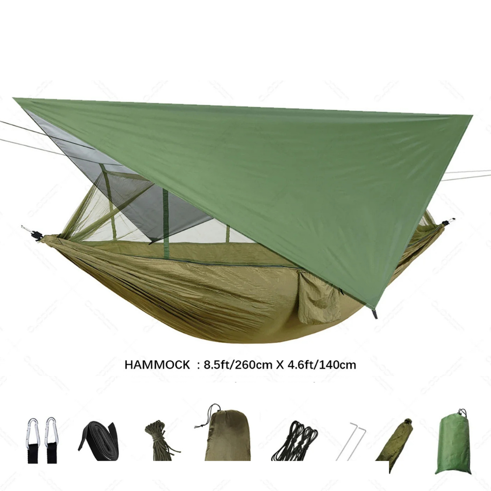 Durable camping hammock featuring built-in mosquito net and rain fly for ultimate protection & comfort in the outdoors.