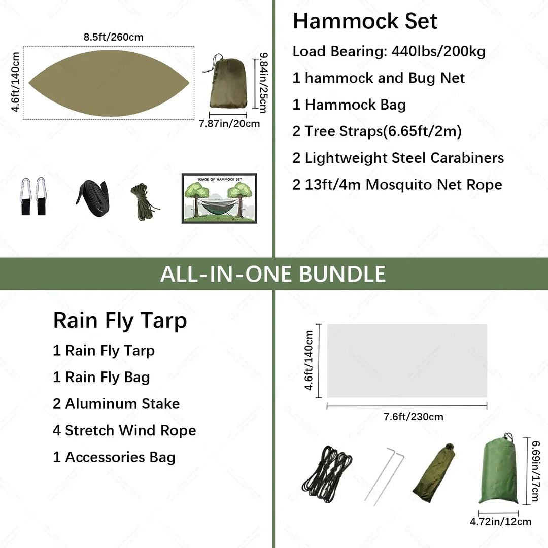 Lightweight & portable parachute nylon hammock with attached mosquito net & rain tarp, ideal for hiking/backpacking.