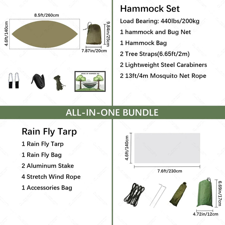 Lightweight & portable parachute nylon hammock with attached mosquito net & rain tarp, ideal for hiking/backpacking.