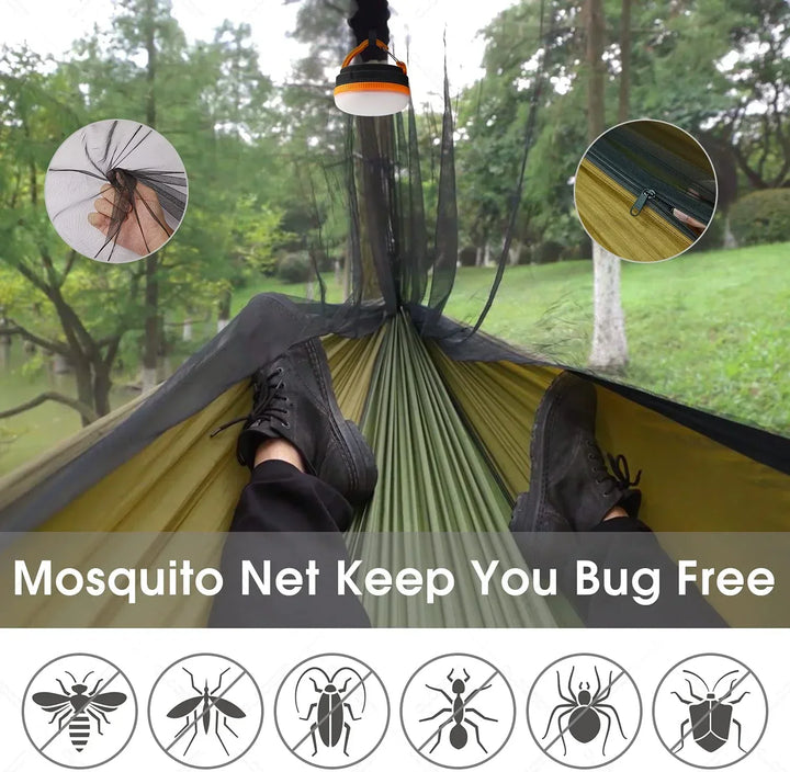 Comfortable unisex camping hammock with protective mosquito netting and waterproof rain tarp for restful outdoor sleep.