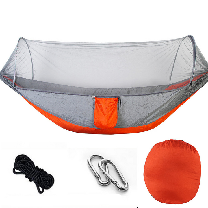 Easy setup camping hammock with integrated mosquito net & rain fly, offering quick outdoor shelter for adventurers.