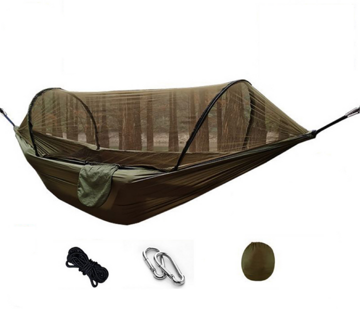 Parachute nylon camping hammock, ultra-light, with fine mesh insect net and waterproof tarp for all-weather outdoor use.