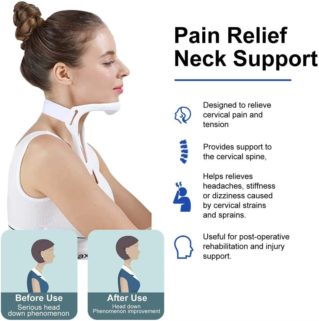 Woman wearing a cervical collar, providing comfortable neck support, promoting spinal alignment & posture correction.