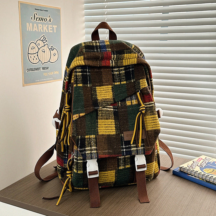Stylish unisex checked backpack with spacious compartments for school, travel, and daily use. Durable design.