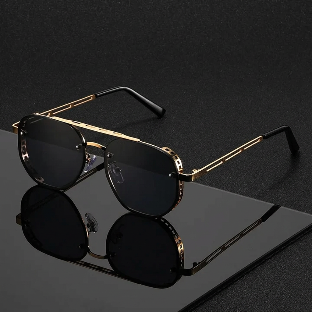 Close-up of Classic Gold Frame Aviator Sunglasses with brown lenses, showcasing unisex style and UV protection.