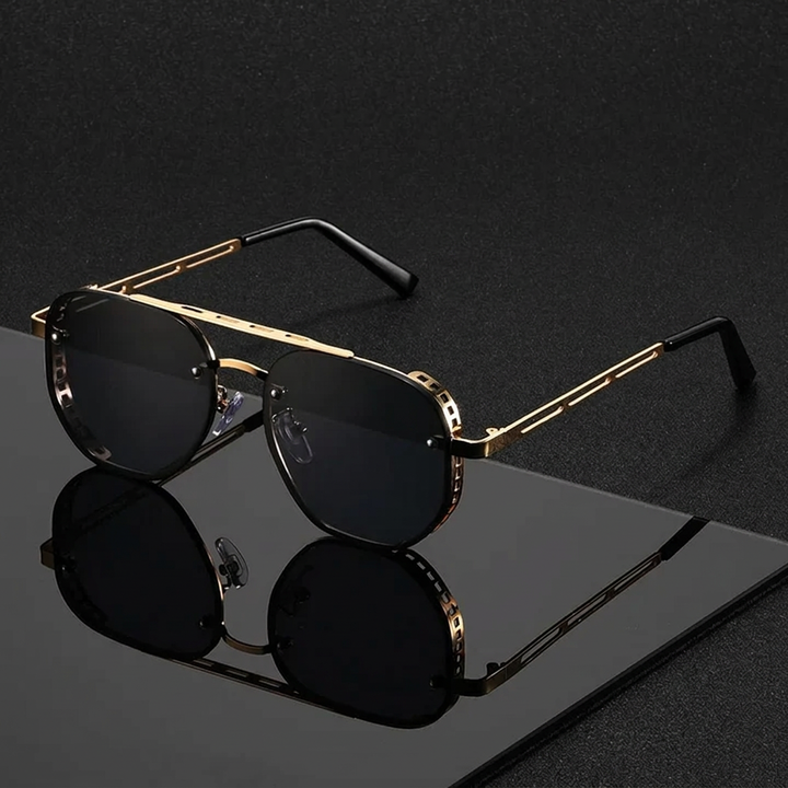 Close-up of Classic Gold Frame Aviator Sunglasses with brown lenses, showcasing unisex style and UV protection.