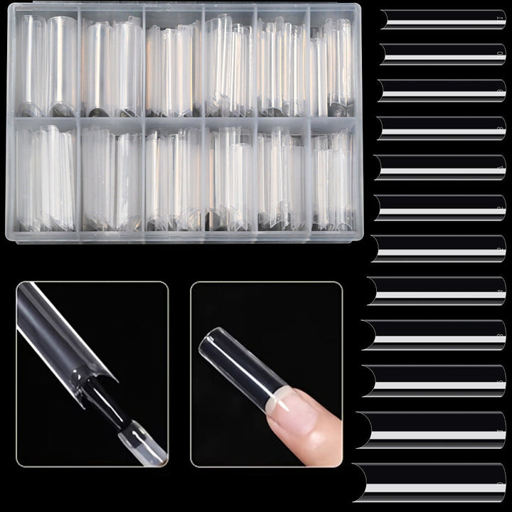 Set of clear false acrylic nail tips for professional manicures. Perfect for salon & DIY nail extension art.