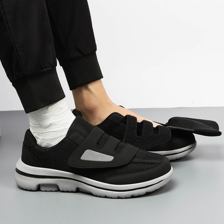 Grey unisex diabetes shoes with hook-and-loop closure, perfect for swollen or sensitive feet.