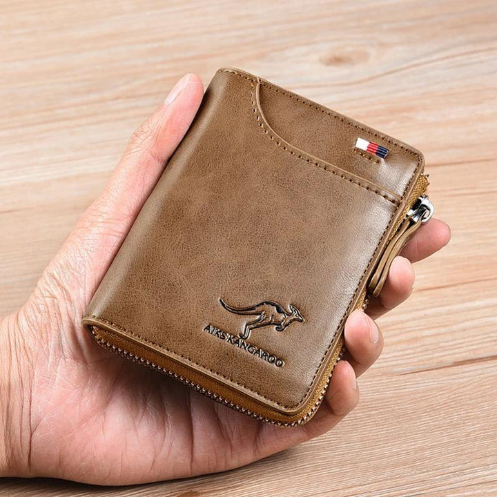 Genuine leather unisex compact wallet with RFID blocking, perfect for secure everyday card organization.