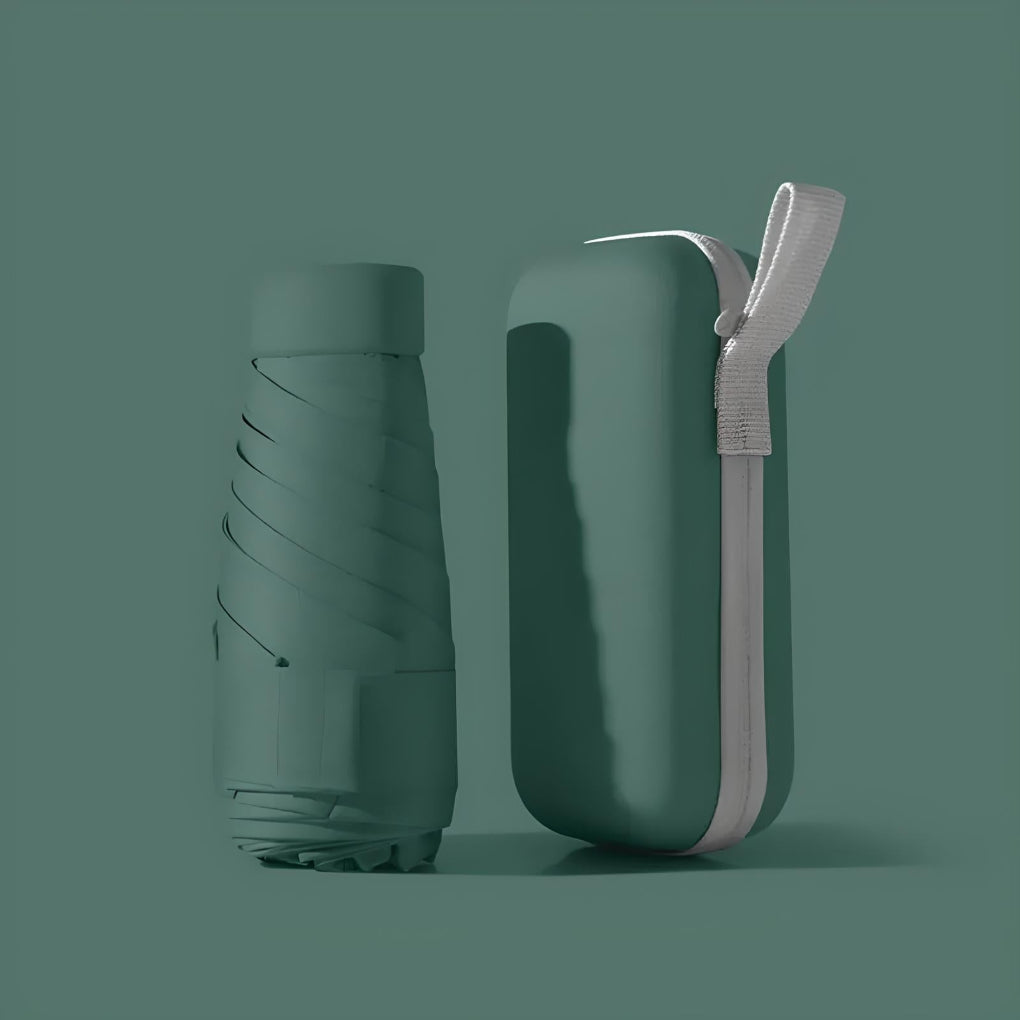 Windproof travel umbrella featuring UV protection, shown with its compact waterproof case.
