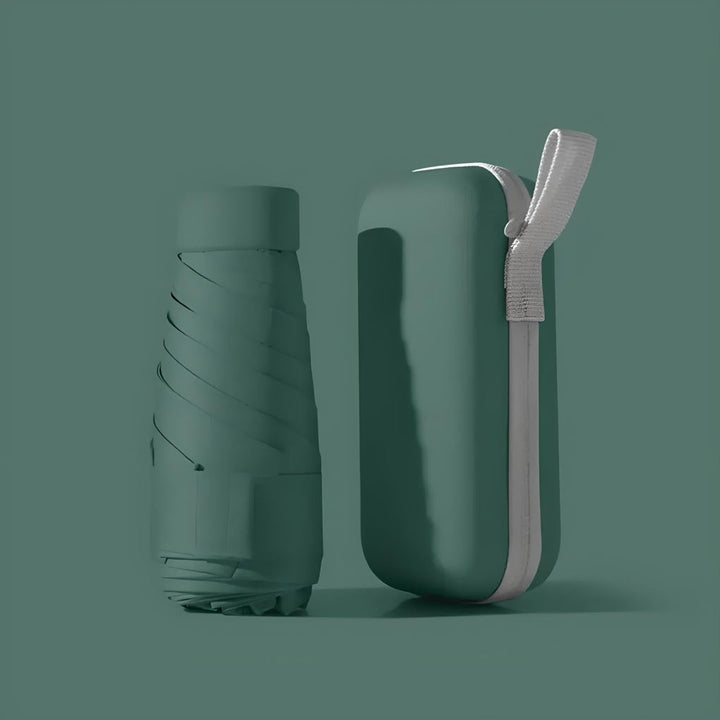 Windproof travel umbrella featuring UV protection, shown with its compact waterproof case.