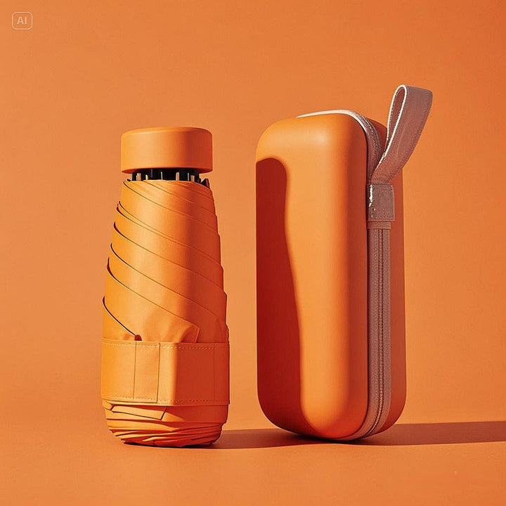 Compact travel umbrella open, showcasing its canopy & ergonomic handle, ready for rain protection.