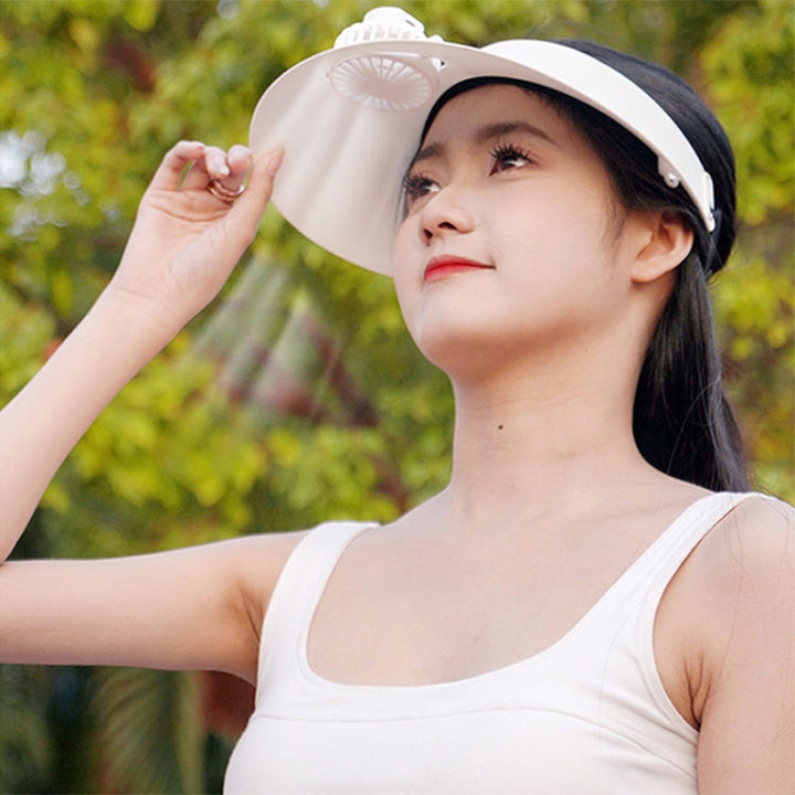 Stay cool and protected with an adjustable cooling fan sun visor. Ideal rechargeable outdoor gear for summer activities.