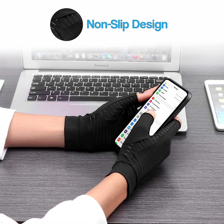 Fingerless compression gloves designed for optimal hand support & arthritis comfort.