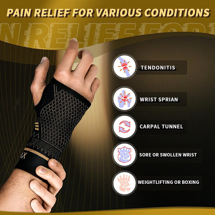 Breathable copper compression wrist support for athletic activities, injury recovery & daily hand support.
