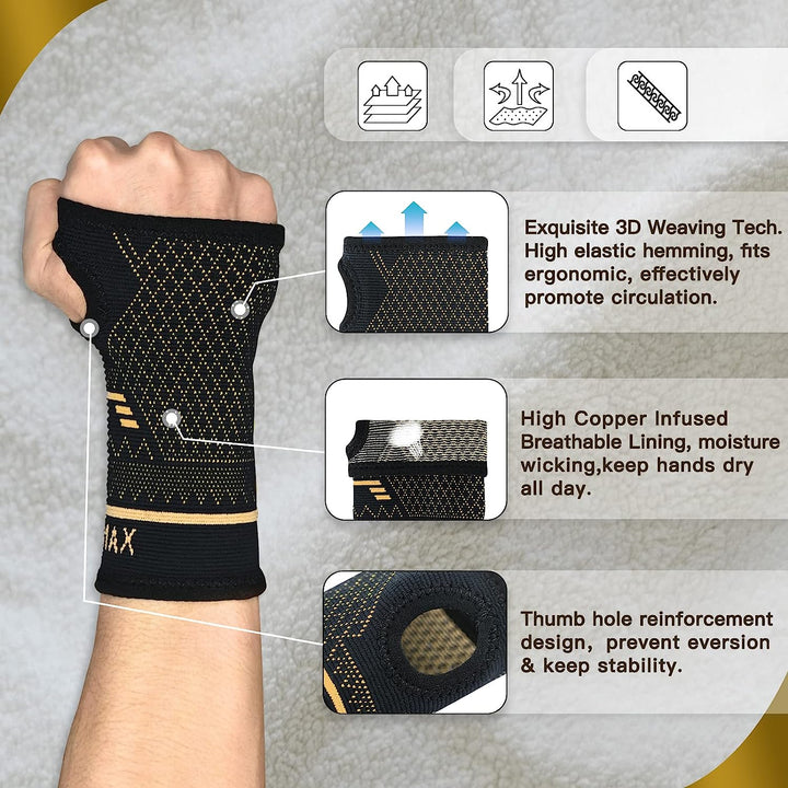 Copper-infused hand support for optimal pain relief, carpal tunnel syndrome, and breathable compression.