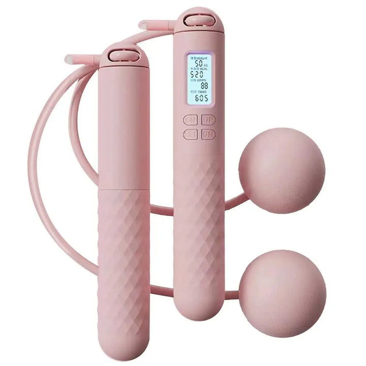 Side view of sleek cordless weighted jump rope, highlighting its ergonomic design & digital counter.