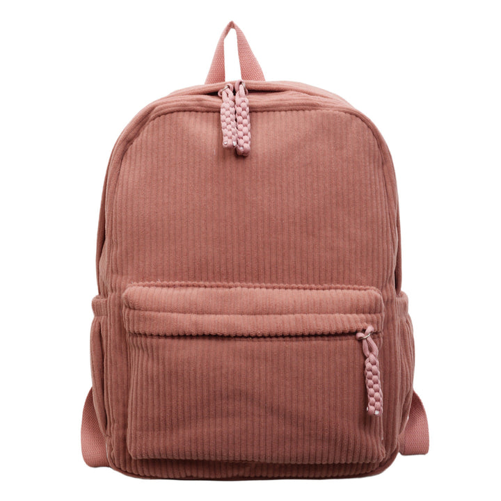 Textured corduroy school backpack, a durable and comfortable college bag for everyday wear.