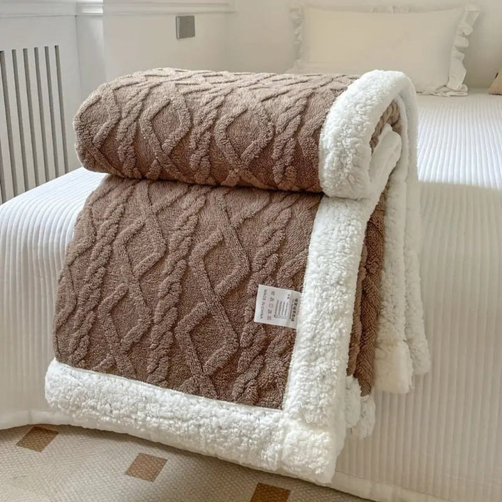 New diamond knit sherpa blanket, a plush and cozy fleece throw for home decor & warmth.