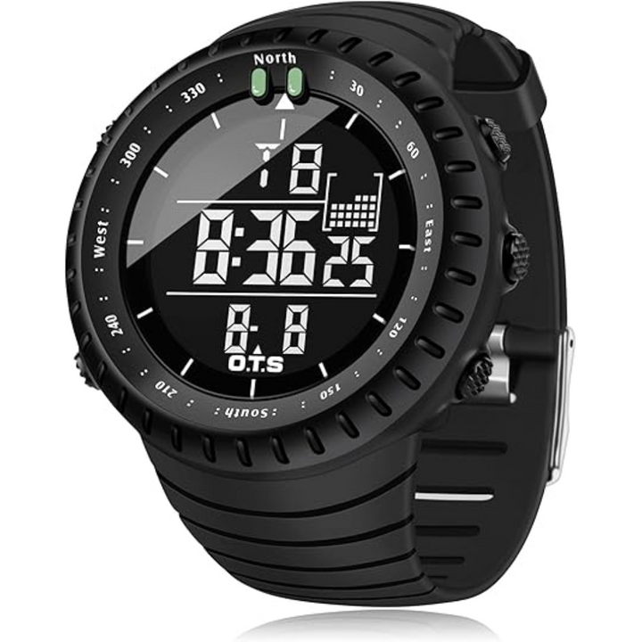 Unisex digital sports watch with LED display, waterproof, shock-resistant for outdoor activities & athletic use.