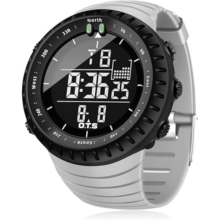 Athletic unisex digital sports watch with LED, stopwatch, alarm, waterproof & shock-resistant for active use.