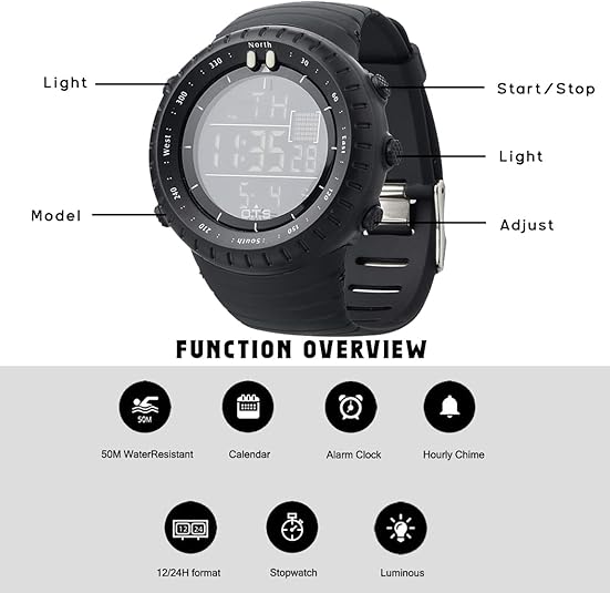 Stylish unisex digital sports watch, waterproof & shock-resistant, featuring a clear LED display for athletes.