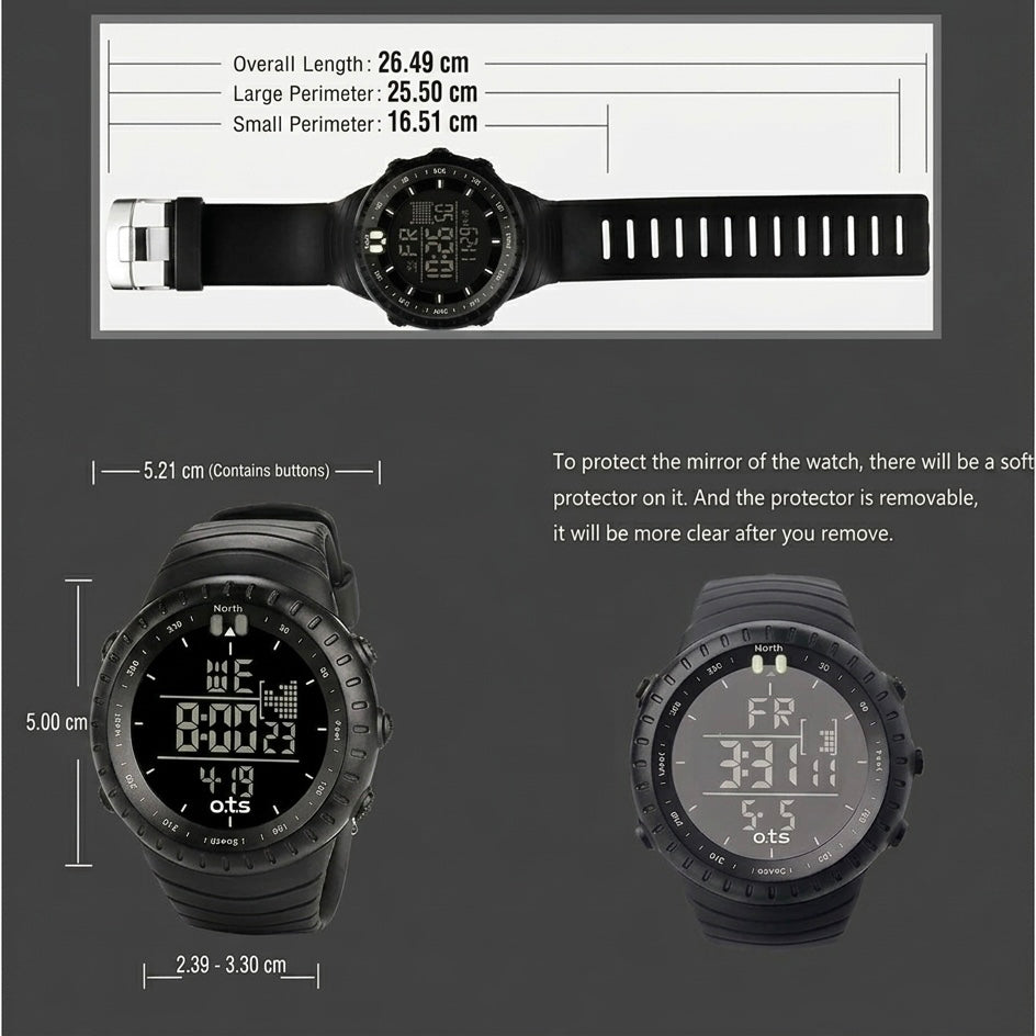 High-performance unisex digital sports watch, waterproof, shock-resistant, LED display, alarm & stopwatch functions.