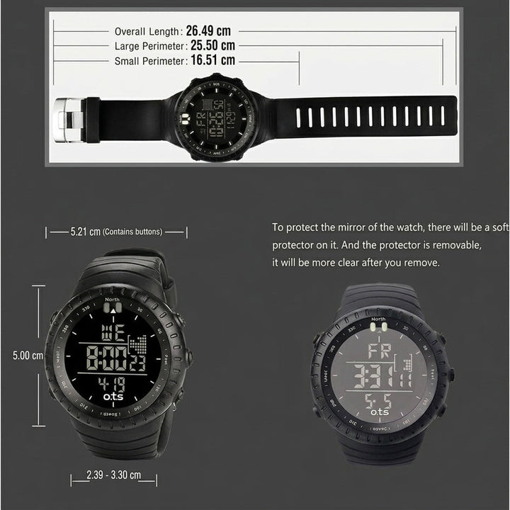 High-performance unisex digital sports watch, waterproof, shock-resistant, LED display, alarm & stopwatch functions.