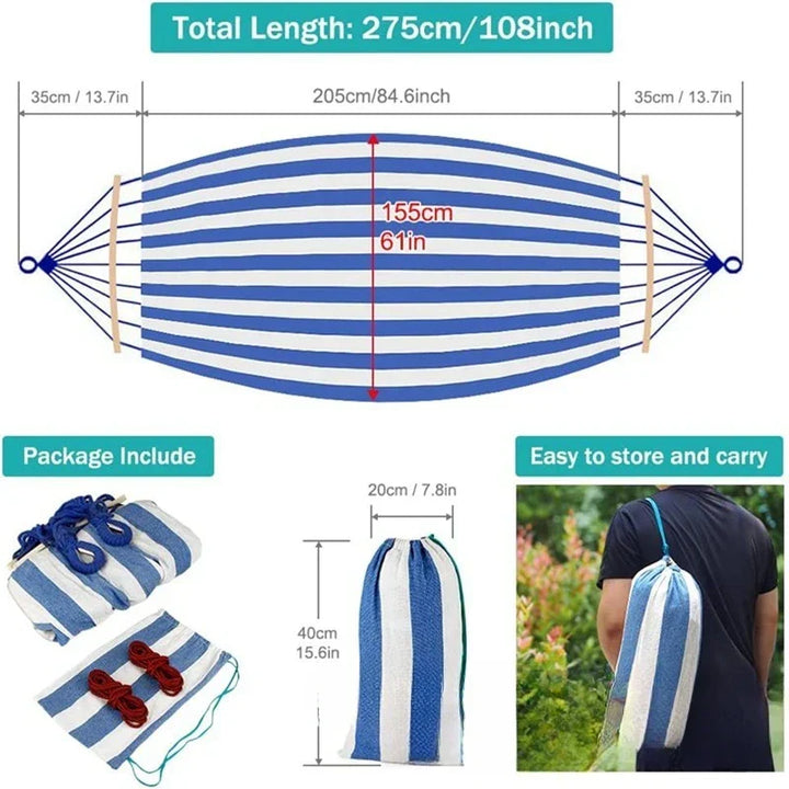 Stylish double canvas hammock with wooden spreaders, enhancing any outdoor living space, garden, or patio.