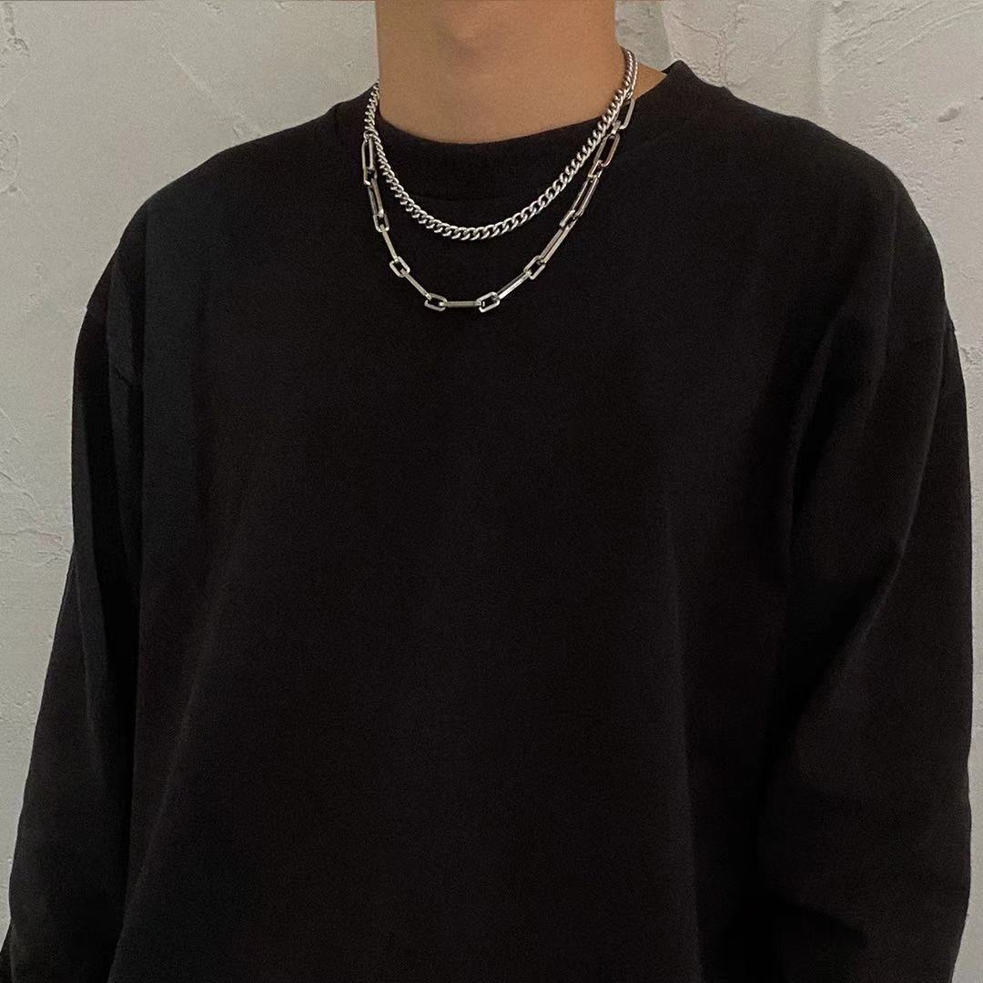 Trendy unisex dual-layer link chain necklace in durable stainless steel. Minimalist statement jewelry for modern fashion.