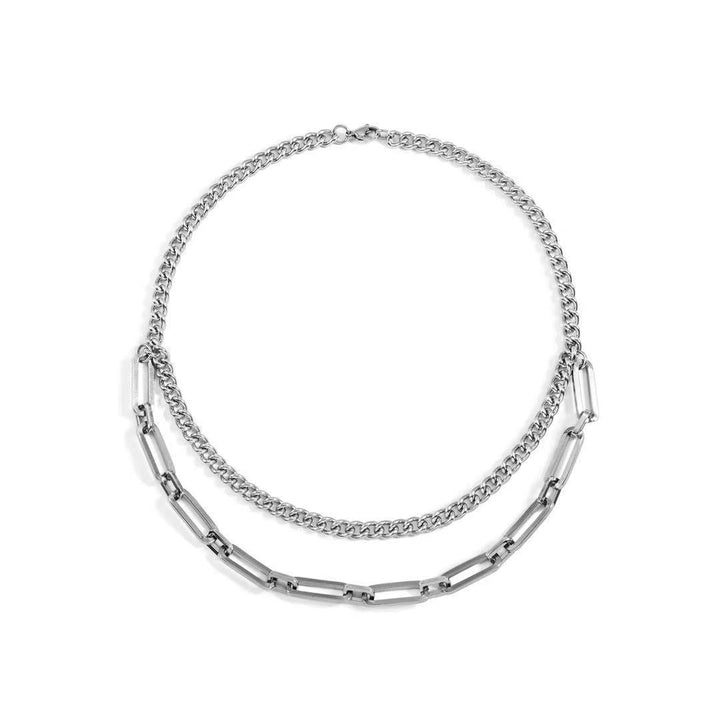 Polished stainless steel dual-layer link chain necklace. Unisex modern jewelry, perfect for a versatile minimalist look.