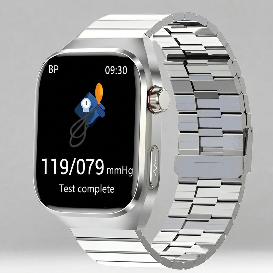 Vivid AMOLED display ECG smartwatch, showcasing detailed health stats & smart call functions.