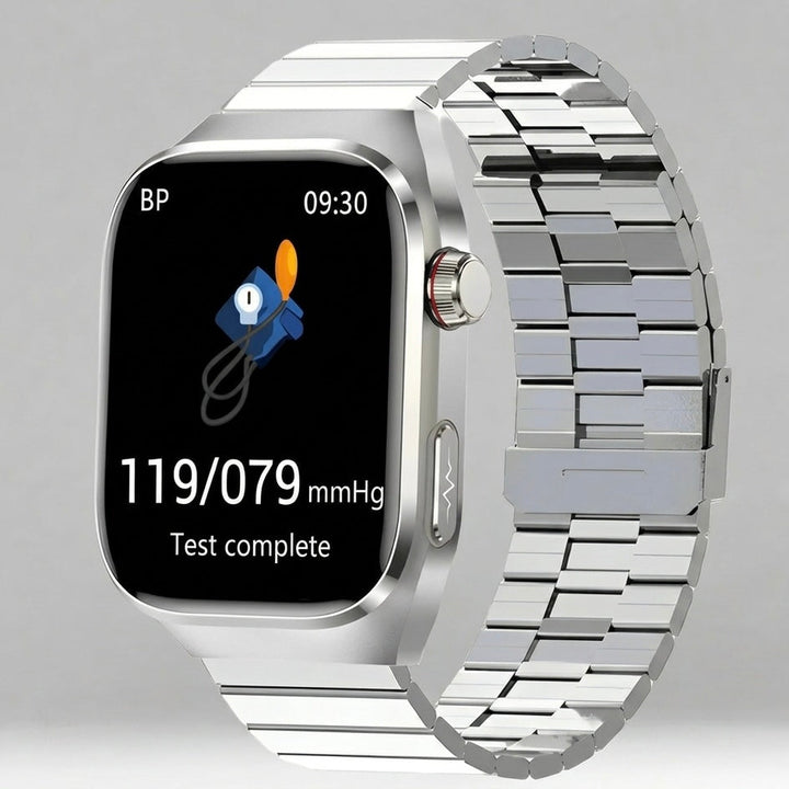 Vivid AMOLED display ECG smartwatch, showcasing detailed health stats & smart call functions.